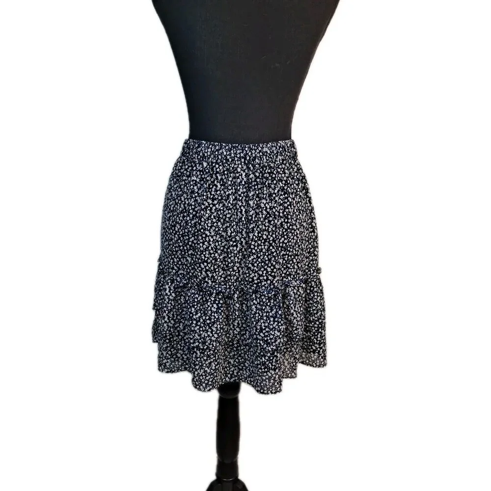 J. Crew Women's Tiered Ruffle Mini Skirt Size M Blue Floral
